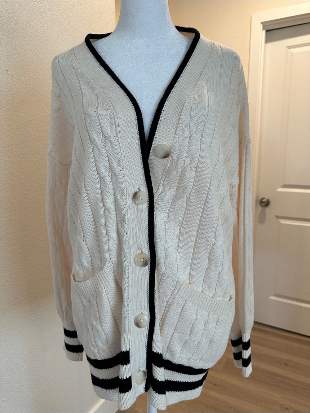 LOFT Ivory Cable Knit Cardigan with Black Trim